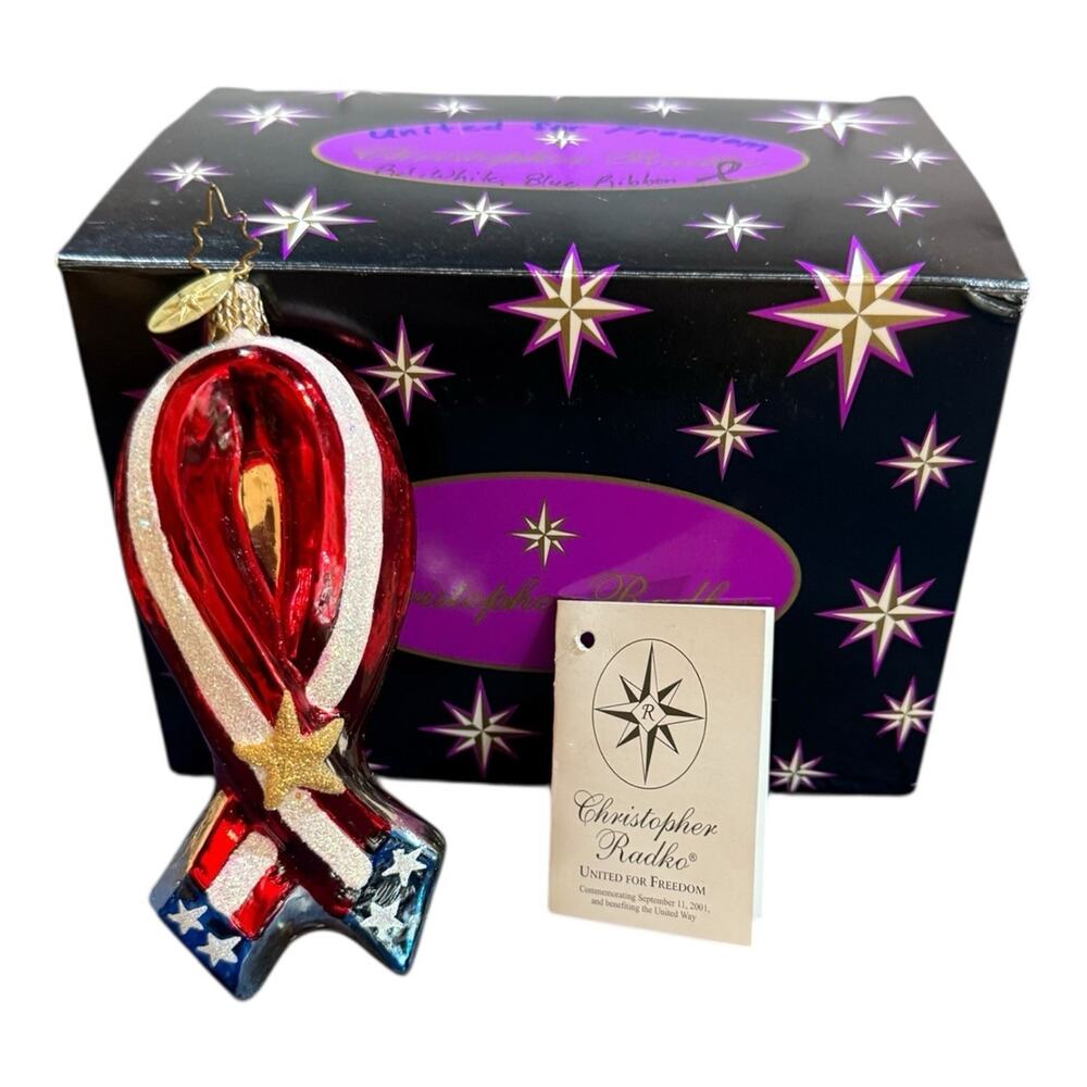Radko United For Freedom Blown Glass Red White & Blue Ribbon Gold Star Ornament‎